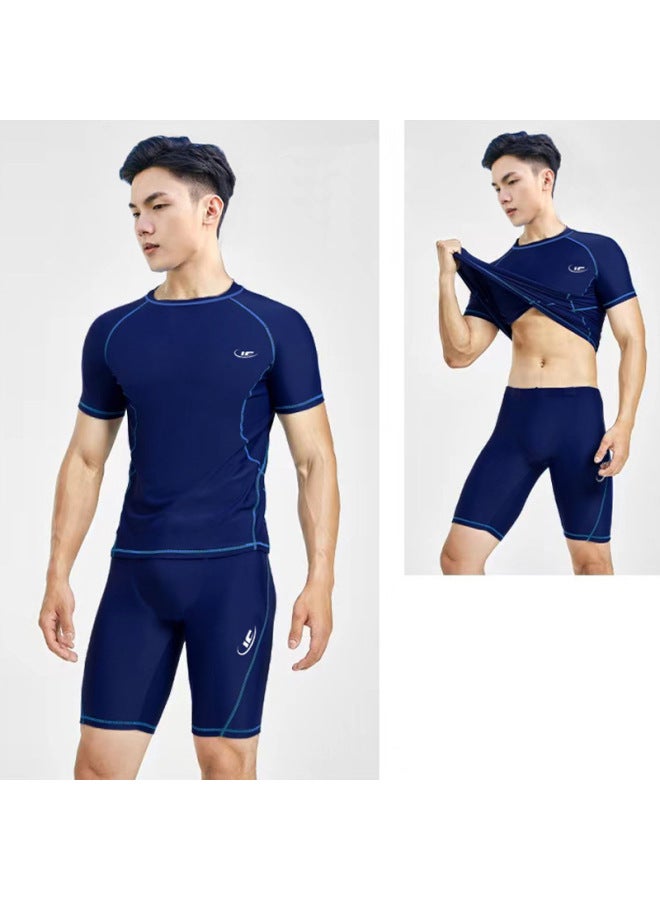 Loquat Men's Swimwear Split Two-piece Set Short-sleeved Adult Large Size Five-point Pants Quick-drying Suit Men's Beach Swimsuit-Color:Blue Bottom Blue Line -2- - Image 4