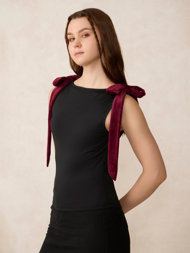 OUTZIDR Black Velvet Bow Detail Knit Top - Image 5