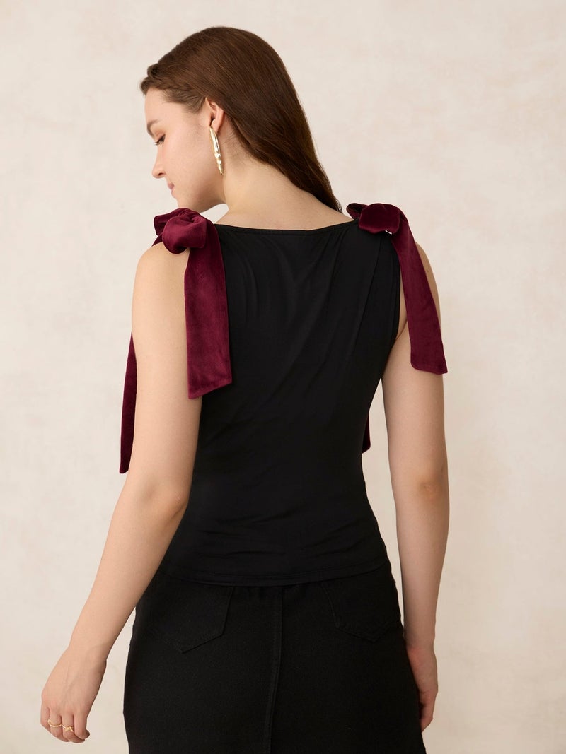 OUTZIDR Black Velvet Bow Detail Knit Top - Image 4