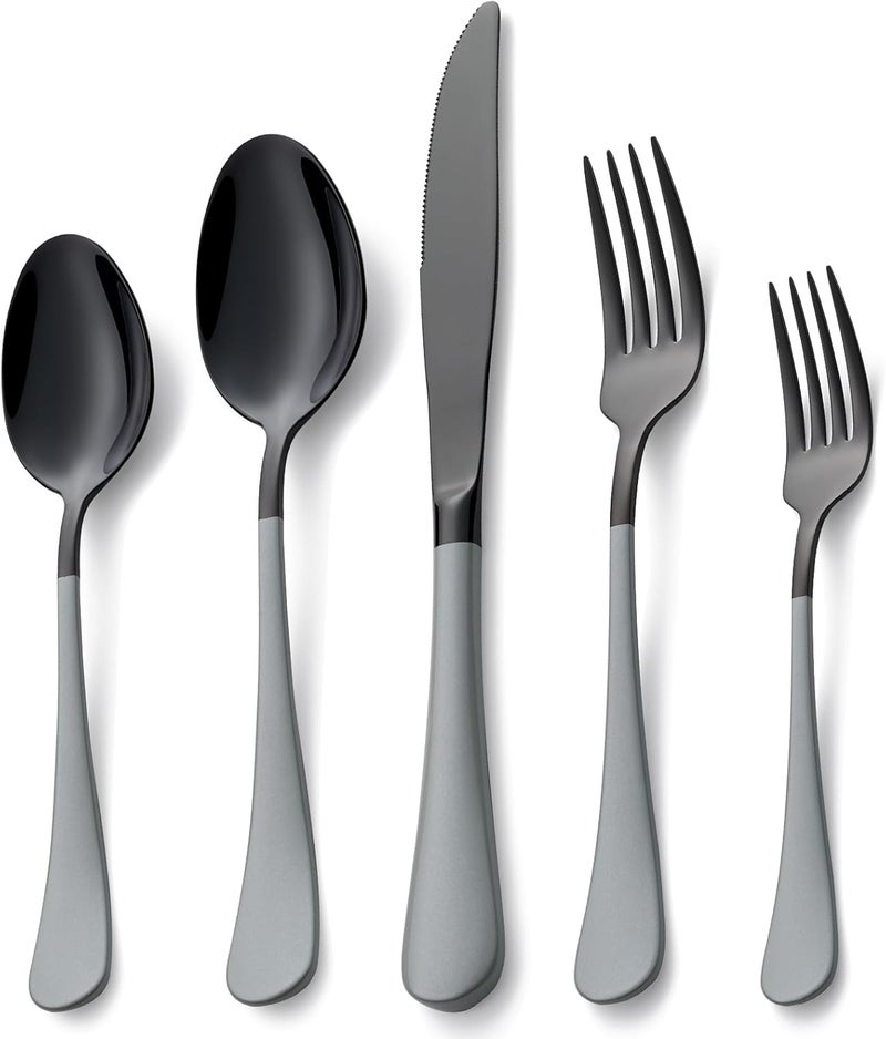 Lekoton 20 Piece Black gray 180 Flatware Utensil Set for 4 Include Dinner KnifeDinner ForksDinner SpoonsSalad ForksTeaspoonsSilverware Set for 4 Dishwasher Safe - Image 1