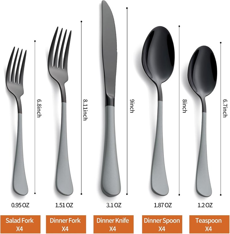 Lekoton 20 Piece Black gray 180 Flatware Utensil Set for 4 Include Dinner KnifeDinner ForksDinner SpoonsSalad ForksTeaspoonsSilverware Set for 4 Dishwasher Safe - Image 2