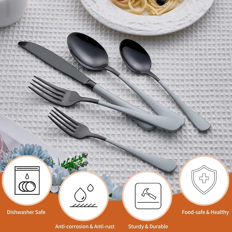 Lekoton 20 Piece Black gray 180 Flatware Utensil Set for 4 Include Dinner KnifeDinner ForksDinner SpoonsSalad ForksTeaspoonsSilverware Set for 4 Dishwasher Safe - Image 4