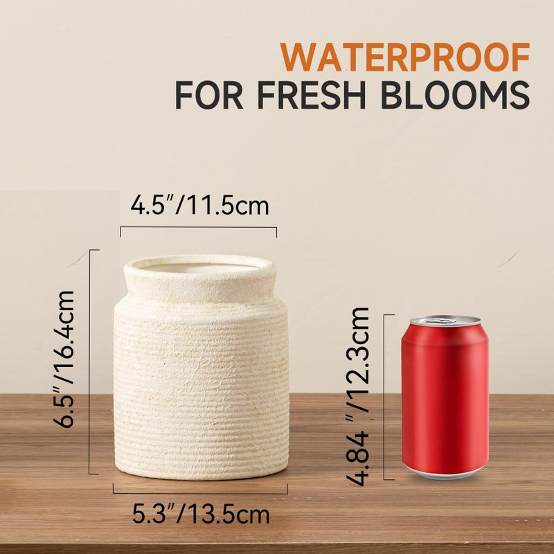 Dobbyby Ceramic Flower Vase 6.5 inch Farmhouse Rustic Vase for Home Decor Handcrafted Pottery Vase Small Terracotta Vases for Table Decor Fireplace Living Room Bathroom Wedding Centerpiece (S-Off White) - Image 2