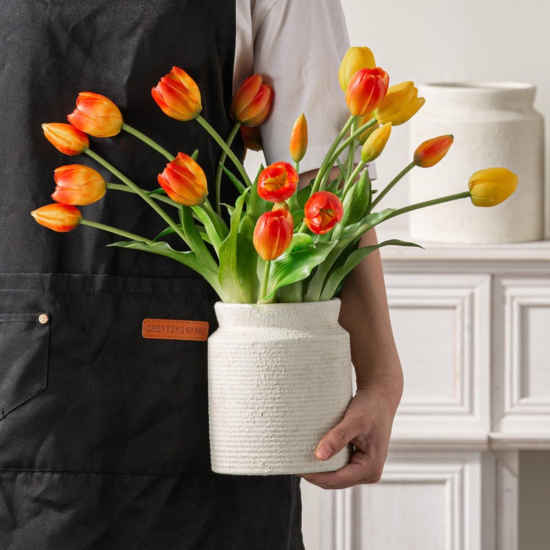 Dobbyby Ceramic Flower Vase 6.5 inch Farmhouse Rustic Vase for Home Decor Handcrafted Pottery Vase Small Terracotta Vases for Table Decor Fireplace Living Room Bathroom Wedding Centerpiece (S-Off White) - Image 3