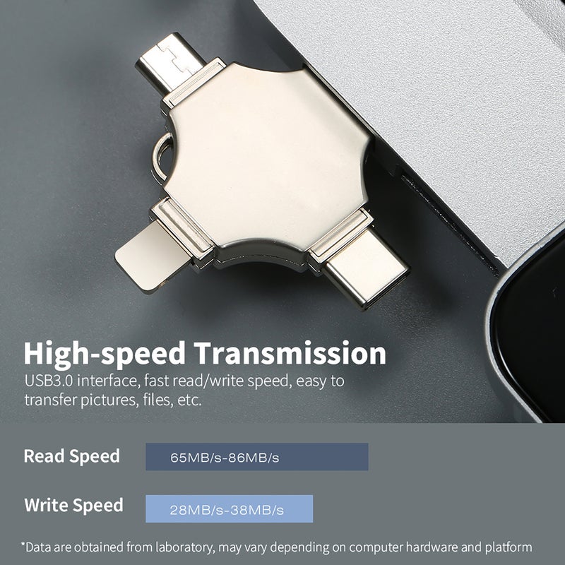 محرك ذاكرة فلاش USB معدني 4 في 1 بسعة 64 جيجابايت، قابل للاستخدام في الهواتف المحمولة والحواسيب، محرك ذاكرة فلاش صغير يدعم أجهزة Type-C و Micro USB و iOS - Image 5
