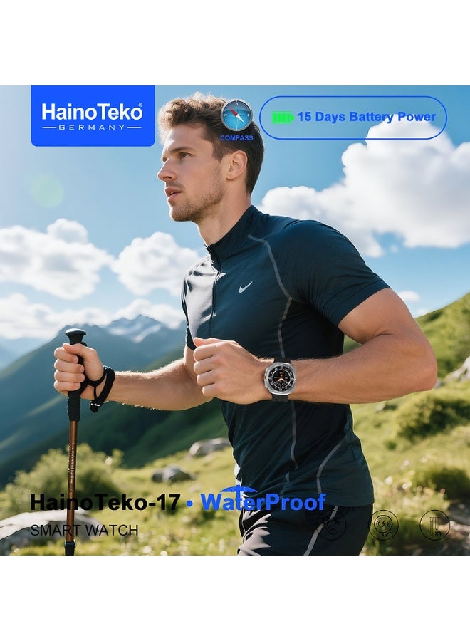 Haino Teko HainoTeko 17 Smart Watch – Bluetooth Call, AMOLED Display, 15-Day Battery, Waterproof, Compass, with 3 Silicone Straps, Silver Dial - Image 3