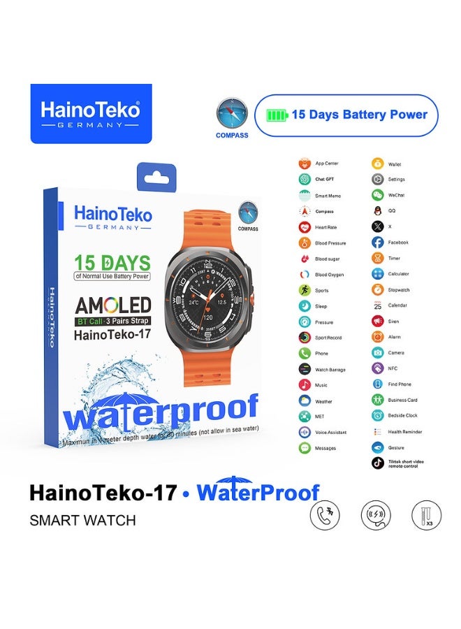 Haino Teko HainoTeko 17 Smart Watch – Bluetooth Call, AMOLED Display, 15-Day Battery, Waterproof, Compass, with 3 Silicone Straps, Silver Dial - Image 1