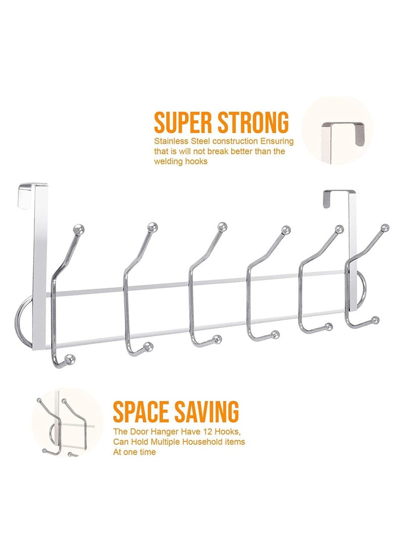 6 Double Hooks, Over The Door Hanger Silver