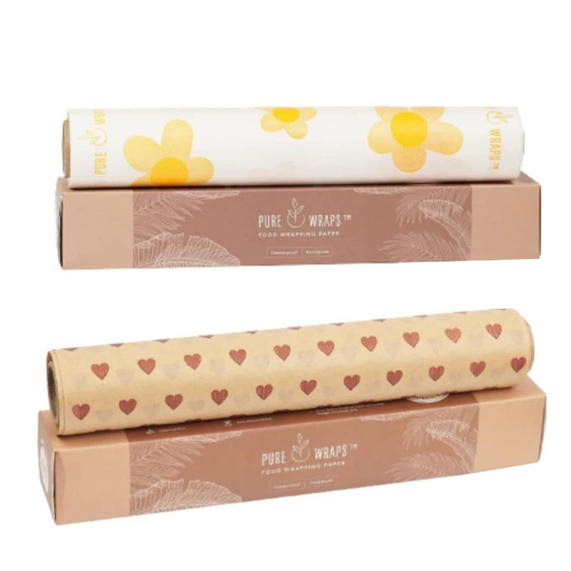 PureWraps Food Wrapping Paper | Roti Wrap | Food Grade | Non Stick I Butter Paper | Printed | Coreless Roll Inside 100% Pack of 2 (Brown Printed and White Printed Yellow Flower Combo) - Image 1