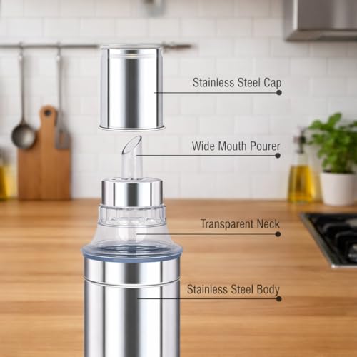 Aquasleri Steel Oil Dispenser Container 1 litre Oil Bottle Oil can Iul Pot 1000 ml Set Of 2 - Image 5