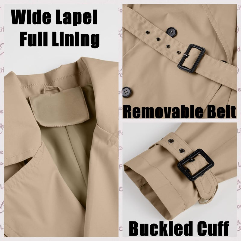 RISISSIDA Women Trench Coat,Classic Double-Breasted Belted Waterproof Overcoat with Adjustable Buckle Sleeves,Spring Fall Long Casual and Professional Business Outerwear Trenchcoat 2331 Beige L - Image 5