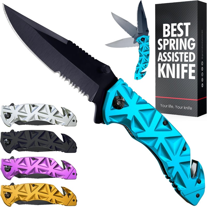 GOOD WORKER Pocket Knife for Men - 3in1 Multi Tool Knife - Wire Cutter, Glass Breaker, Serrated Sharp 3.5" Blade - Tactical Spring Assisted Folding Knives for Hunting Camping - Best Gift Idea for Men Women HB 207 - Image 1