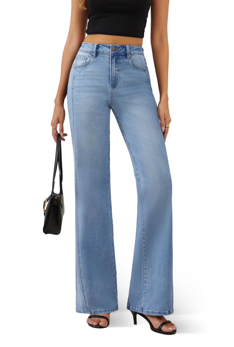 FLYING BANANA Women's Wide Leg Jeans High Waisted Strechy Raw Hem Diagonal Slit Jeans (Light Blue, 4 Long) - Image 1