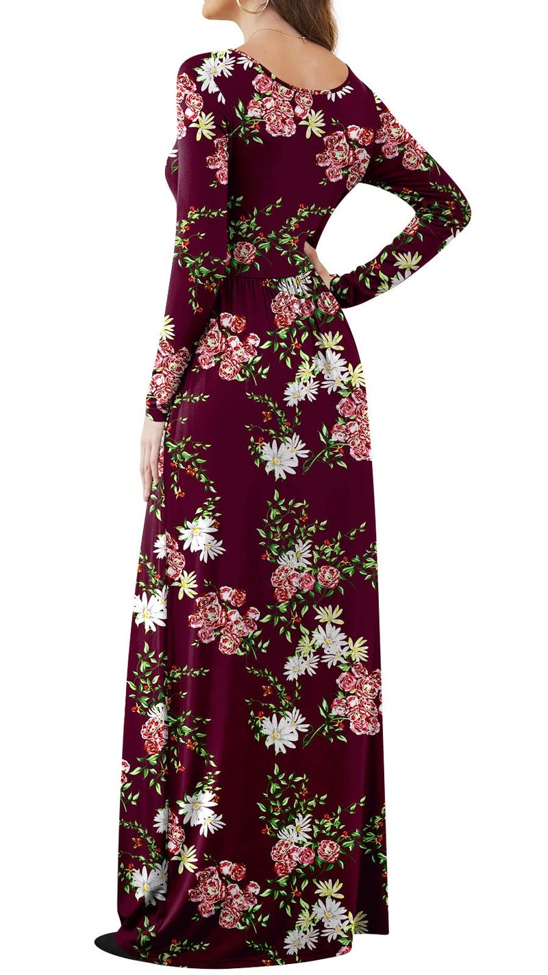 DB MOON Women Casual Long Sleeve Maxi Dresses Empire Waist Long Dress with Pockets Flower Burgundy S - Image 3