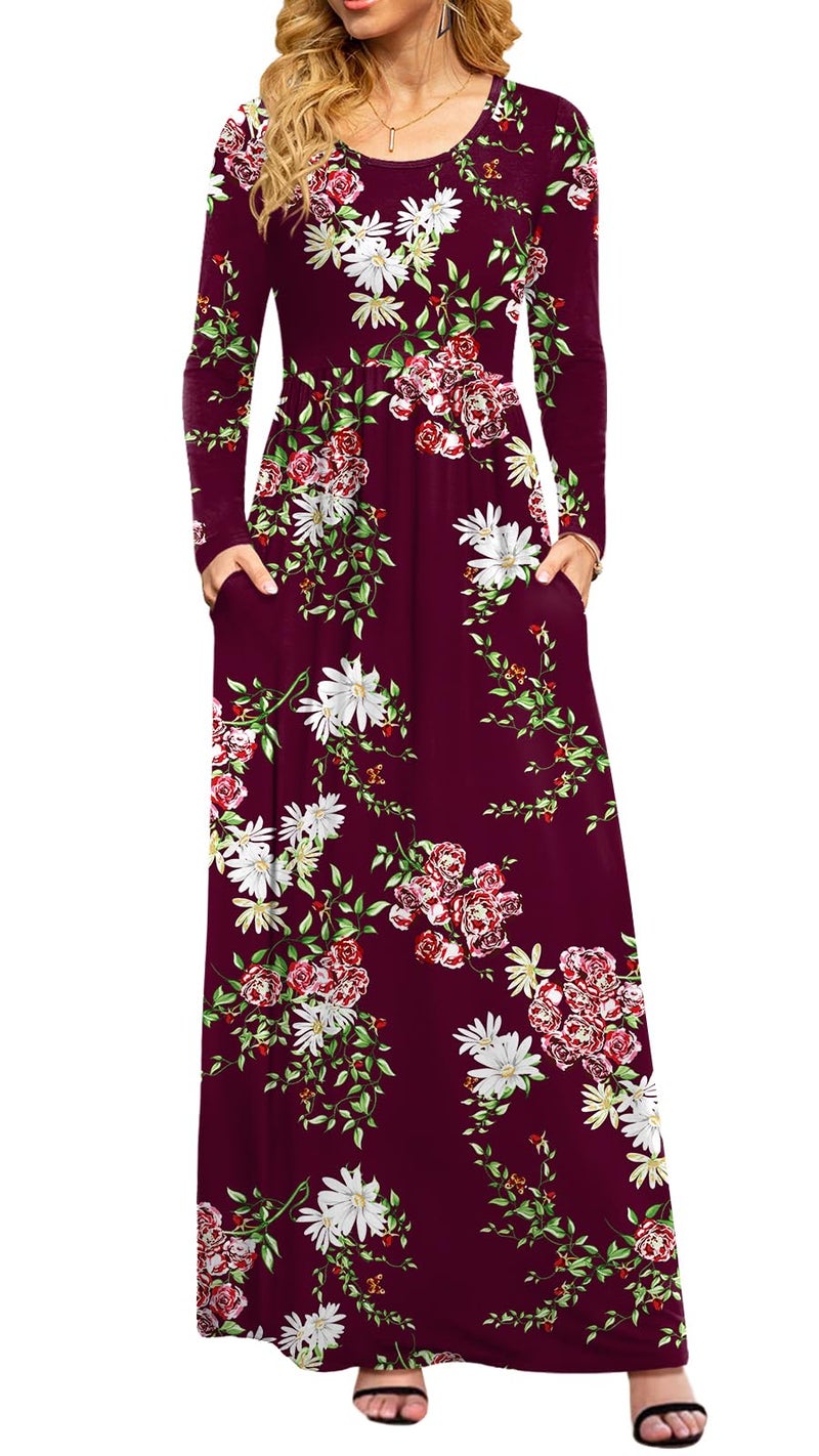 DB MOON Women Casual Long Sleeve Maxi Dresses Empire Waist Long Dress with Pockets Flower Burgundy S - Image 1