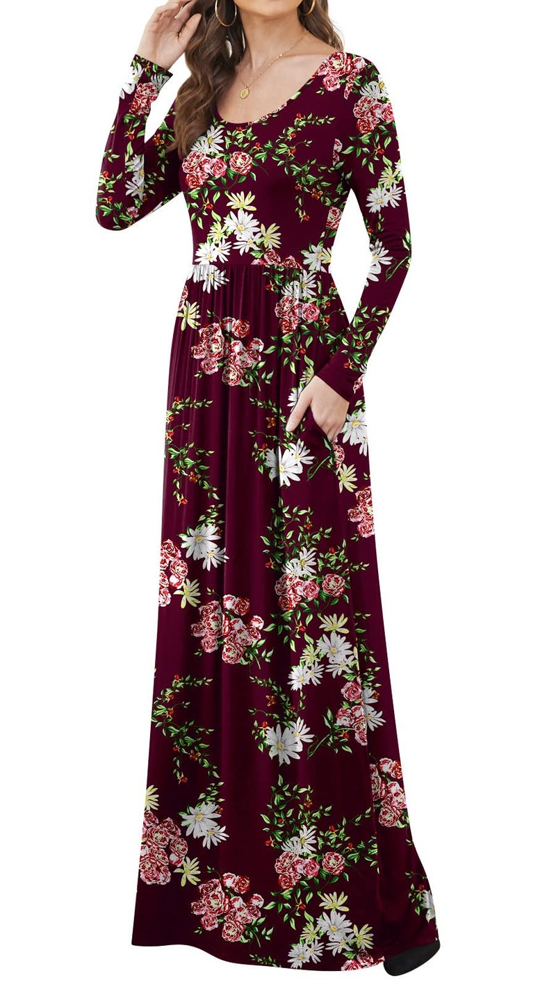 DB MOON Women Casual Long Sleeve Maxi Dresses Empire Waist Long Dress with Pockets Flower Burgundy S - Image 4
