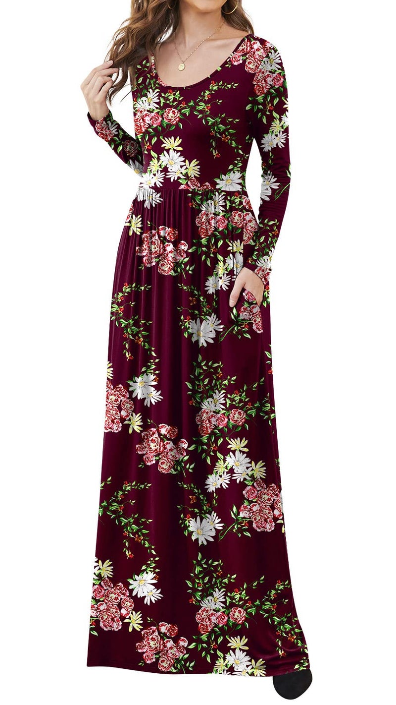 DB MOON Women Casual Long Sleeve Maxi Dresses Empire Waist Long Dress with Pockets Flower Burgundy S - Image 2