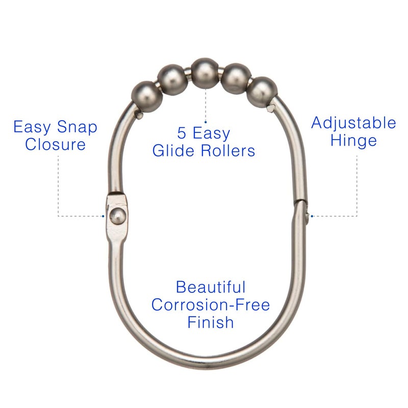 2 Lb. Depot 2LB Depot Wide Shower Curtain Rings/Hooks Set, Decorative Brushed Satin Nickel Finish, Easy Glide Rollers,100% Rustproof Stainless Steel, Set of 12 Rings for Shower Rods. Rust Proof Shower Hooks Rings - Image 2