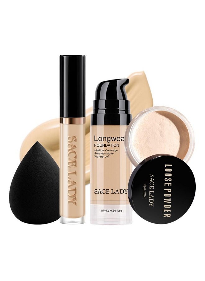 SACE LADY - Face Makeup Base Set For Women With Flawless Matte Foundation, Full Cover Up Concealer For Eye Circles, Oil Control Loose Powder, Make Up Sponge, Lasting Waterproof Natural Cosmetics Kit 4Pcs - Image 1