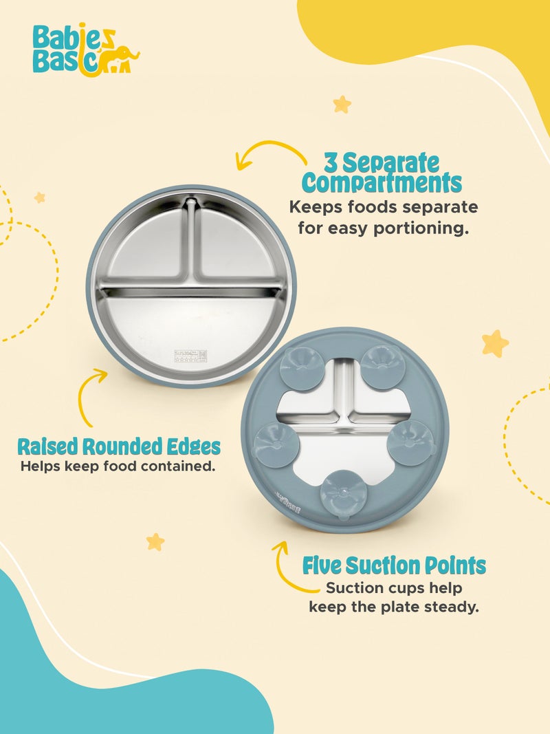 Babies Basic Stainless Steel plate with suction for Kids, Indigo - Image 4