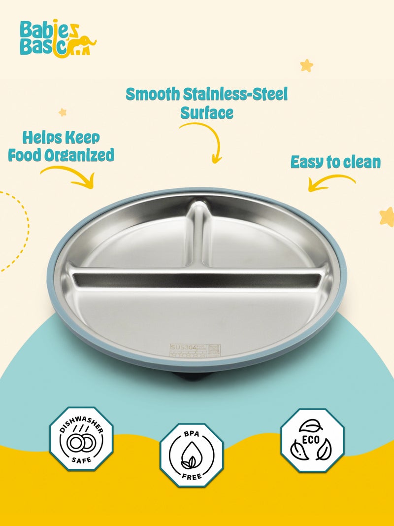 Babies Basic Stainless Steel plate with suction for Kids, Indigo - Image 5