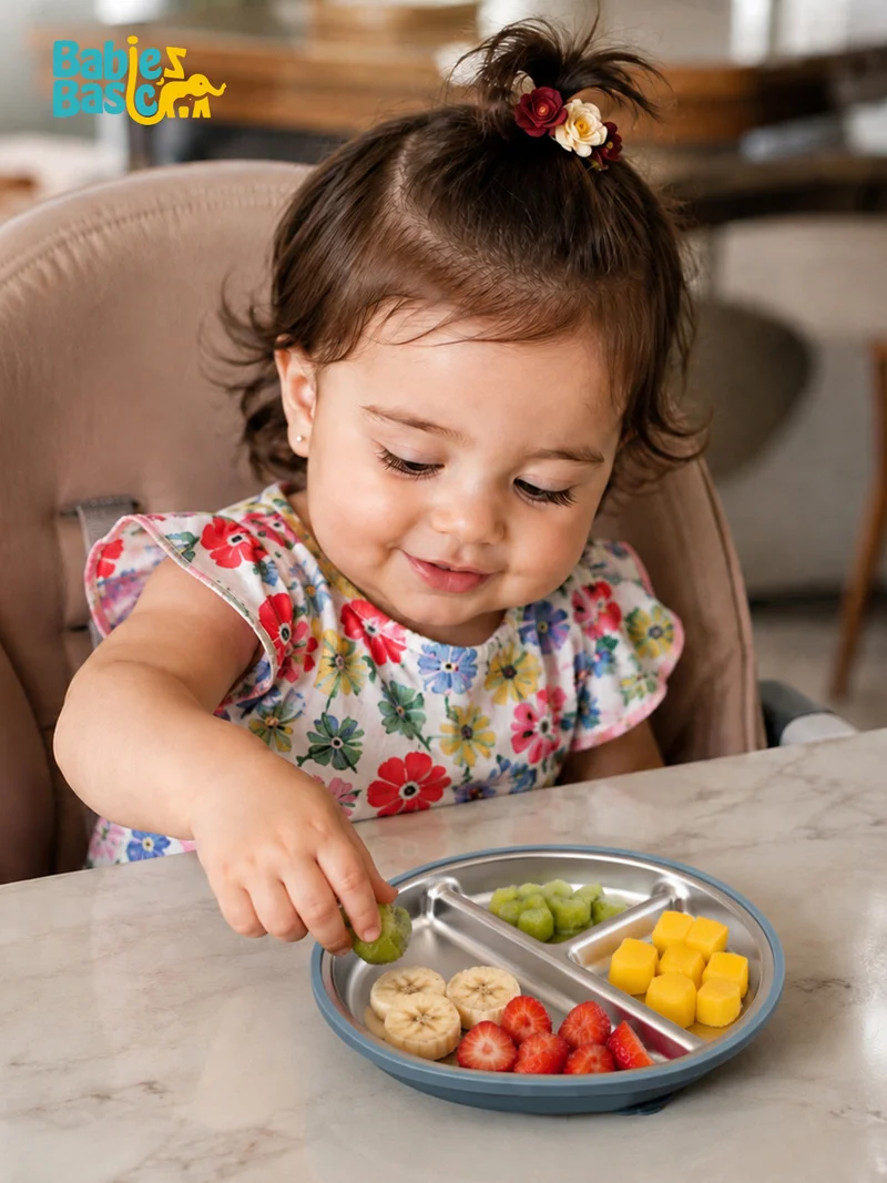 Babies Basic Babies Basic Stainless Steel plate with suction for Kids, Indigo