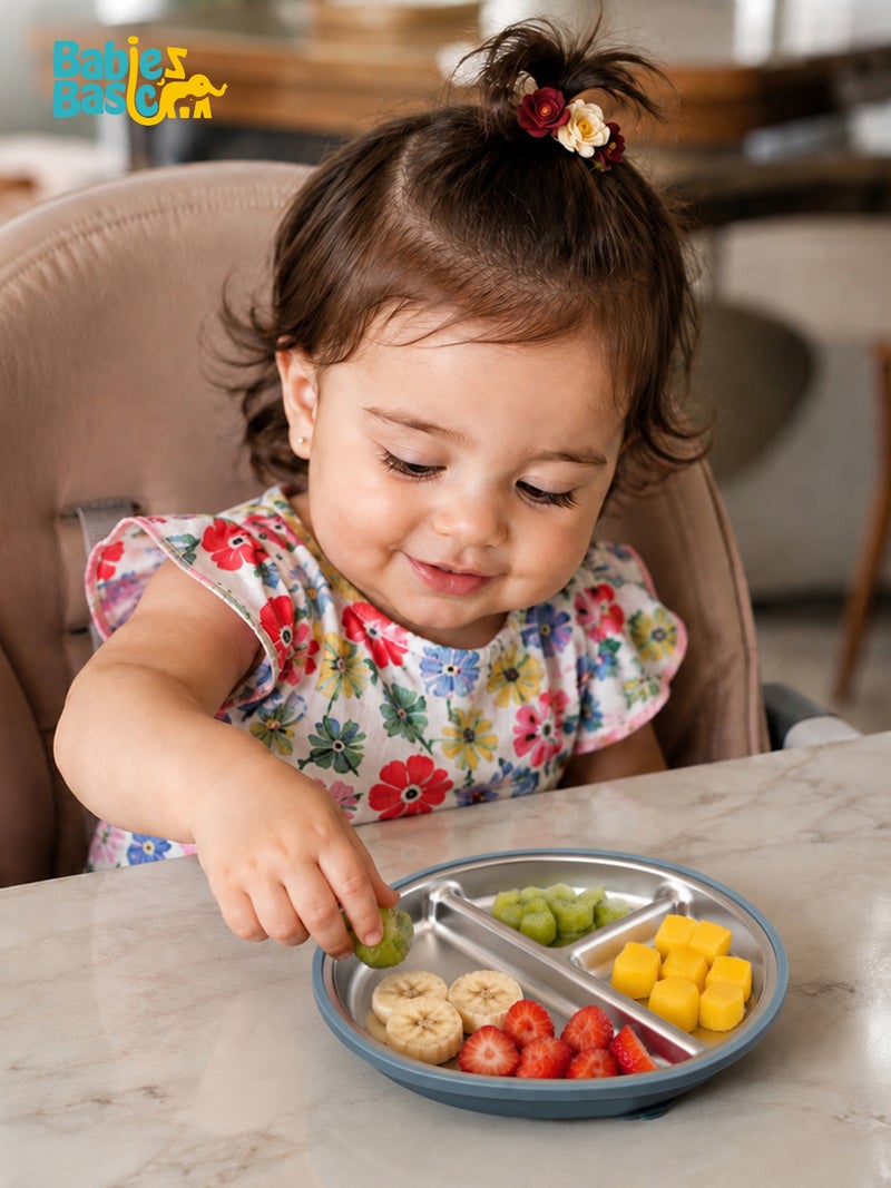 Babies Basic Stainless Steel plate with suction for Kids, Indigo - Image 2