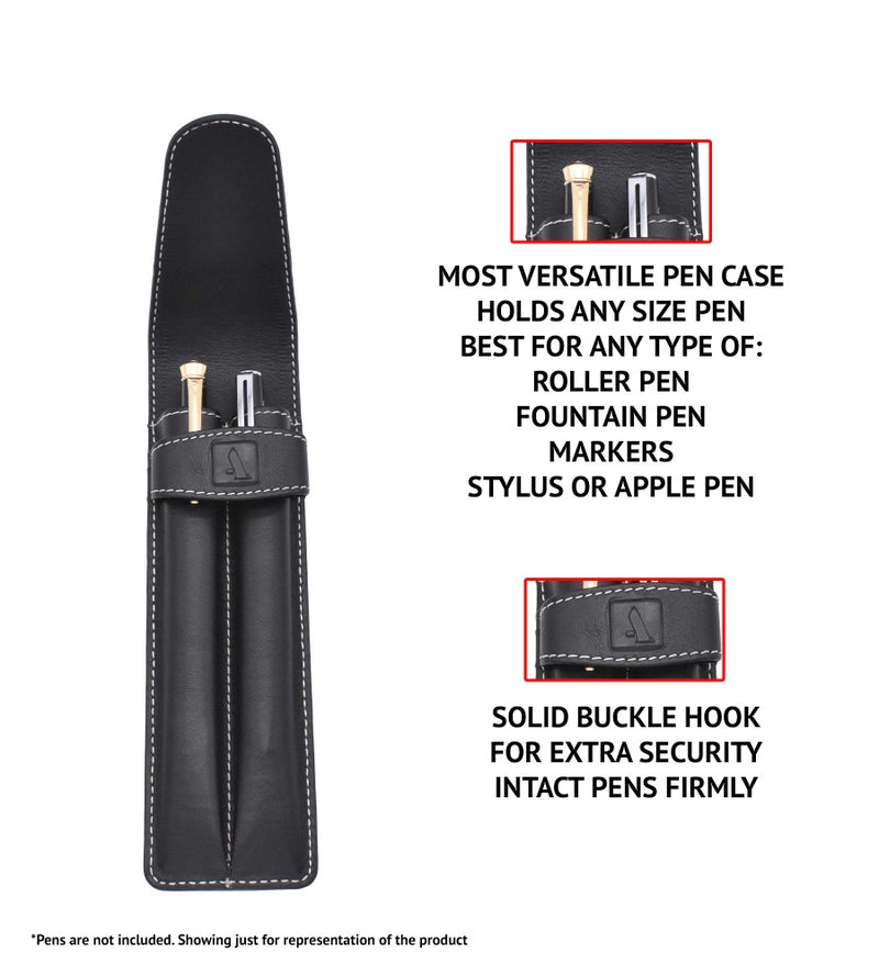 Adamis Leather Handcrafted Double Pen Pouch with Loop |Portable Pen Case for 2 Fountain Pen, Roller Pen, Pen Holder,Pen case |Ideal Gifts for Men,Women,boss,dad 7 inch x 2 inch in W51 Black - Image 3