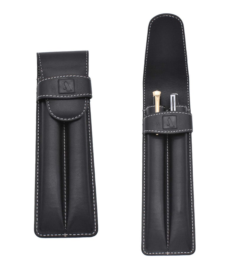 Adamis Leather Handcrafted Double Pen Pouch with Loop |Portable Pen Case for 2 Fountain Pen, Roller Pen, Pen Holder,Pen case |Ideal Gifts for Men,Women,boss,dad 7 inch x 2 inch in W51 Black - Image 1