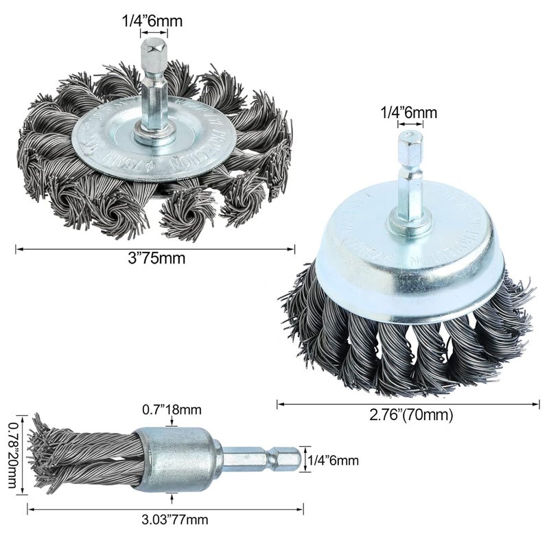 FPPO 3PCS 3 Inch Knotted Wire Wheel Cup Brush and Twist End Brush Set,1/4" Shank for Drill,Perfect for Rust Removal, Corrosion and Paint - Image 2