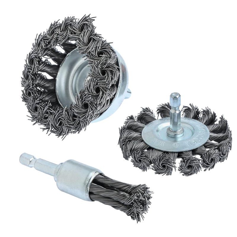 FPPO 3PCS 3 Inch Knotted Wire Wheel Cup Brush and Twist End Brush Set,1/4" Shank for Drill,Perfect for Rust Removal, Corrosion and Paint - Image 1