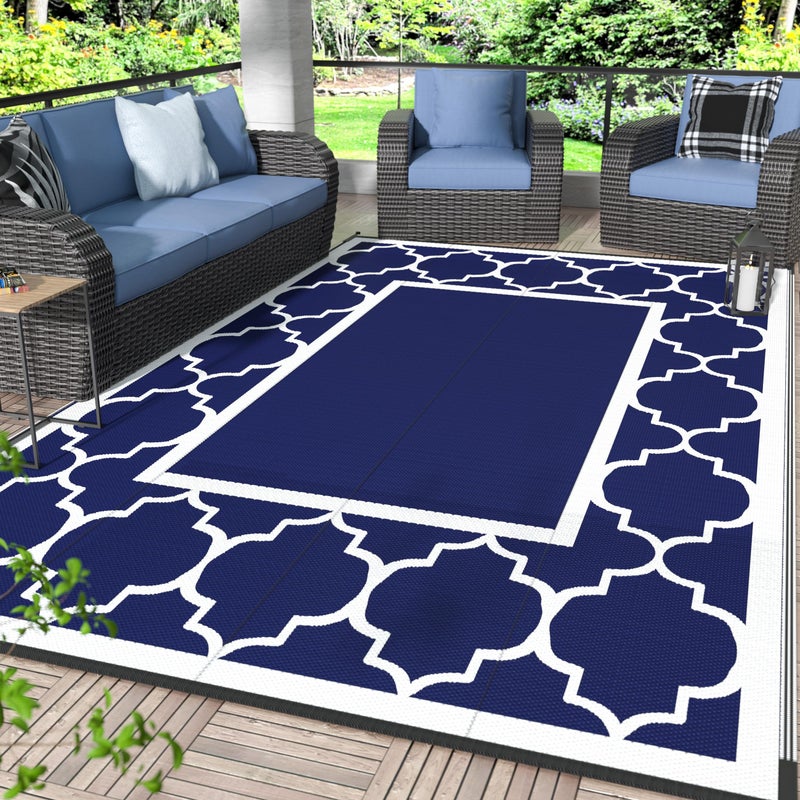 GENIMO 6 x 9 Outdoor Rug Waterproof for Patio Fall Decor Foldable Reversible Plastic Straw Area Rugs Mat for Camper Outside Carpet for Rv Deck Porch Picnic Beach Balcony Blue Grey