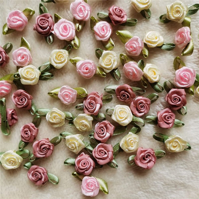 SHBBON 100pcs 15mm Multicoloured Mini Rose Flowers Satin Ribbon Bows Appliques DIY Sewing Craft Accessories Wedding Bride Gift Decoration - Image 1