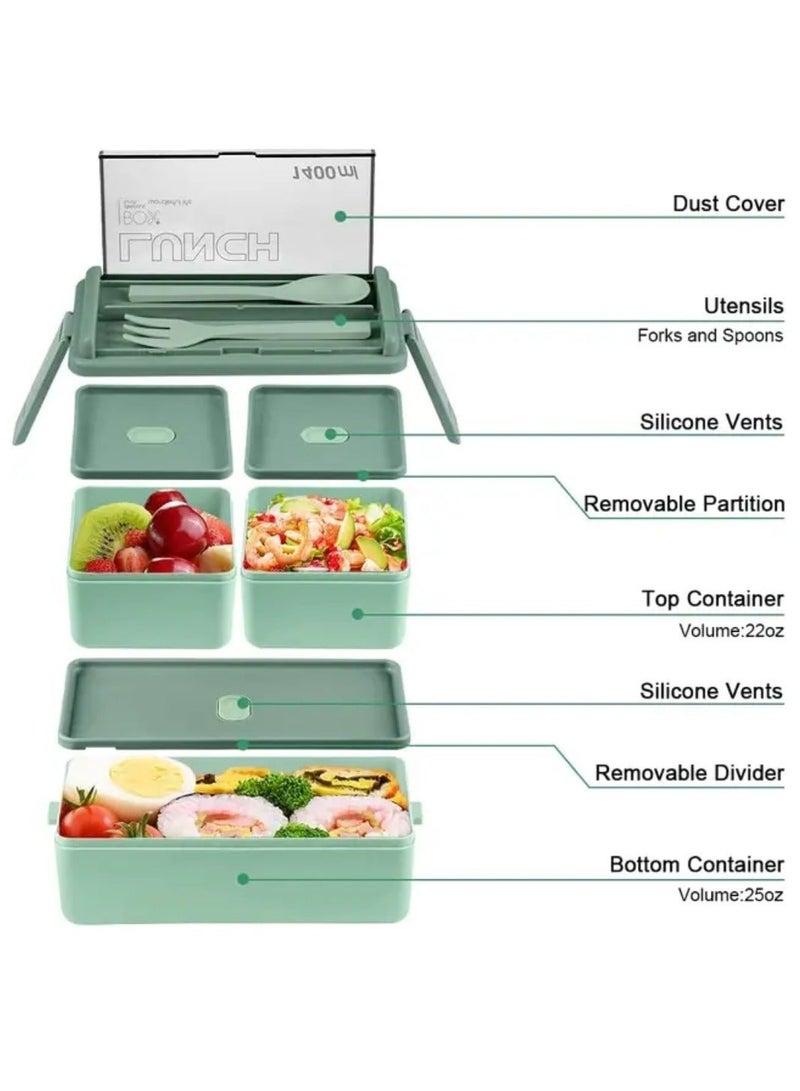 Infinity Lunch Box, Bento Box, 1400 ml/47.3 OZ Size Food Container, Leakproof, For Kids and Adults, 3 Compartments, With Reusable Cutleries With Storage Slot, Microwave Safe Lunch Box (Green) - Image 3
