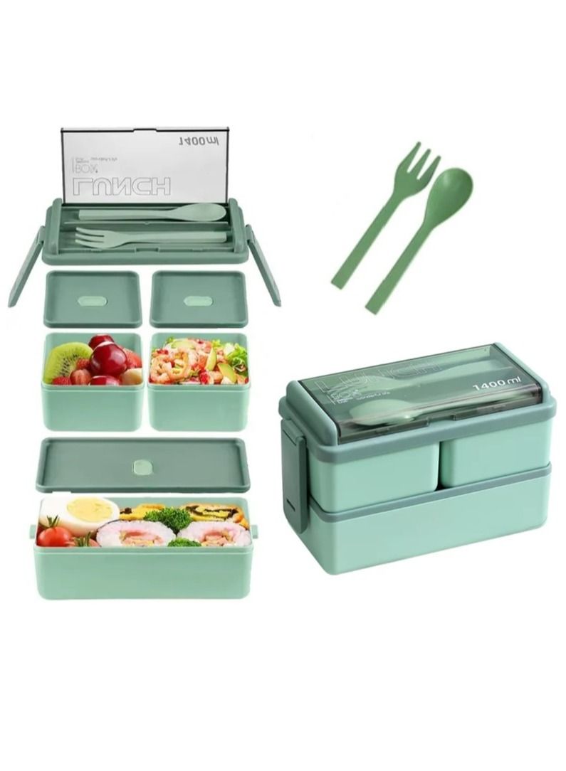 Lunch Box, Bento Box, 1400 ml/47.3 OZ Size Food Container, Leakproof, For Kids and Adults, 3 Compartments, With Reusable Cutleries In Separate Storage Slot, Microwave Safe (Green)