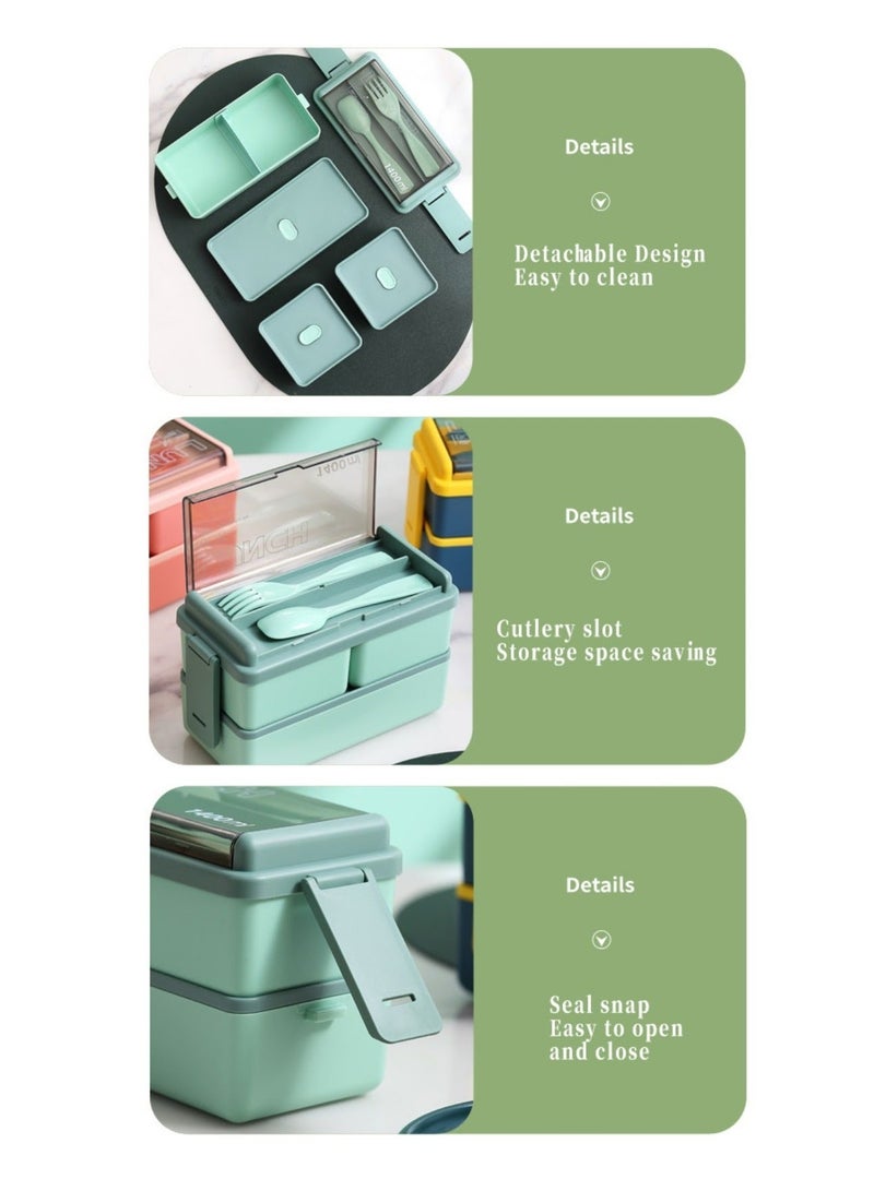 إينفينيتي علبة غداء، علبة بينتو، حافظة طعام، مانعة للتسرب، للأطفال والكبار، 3 أقسام، مع أدوات مائدة قابلة لإعادة الاستخدام مع فتحة تخزين، علبة غداء آمنة للاستخدام في الميكروويف (أخضر) - Image 3