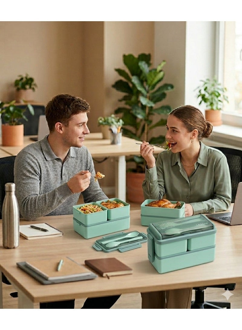 إينفينيتي علبة غداء، علبة بينتو، حافظة طعام، مانعة للتسرب، للأطفال والكبار، 3 أقسام، مع أدوات مائدة قابلة لإعادة الاستخدام مع فتحة تخزين، علبة غداء آمنة للاستخدام في الميكروويف (أخضر) - Image 4