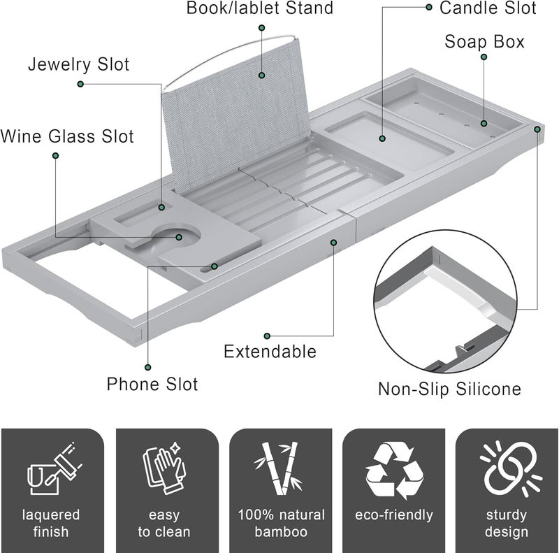 promitop Foldable Bathtub Caddy Tray for Tub,Bamboo Expandable Bath Table Trays,Premium Bathroom Accessories for New Home & Mothers Day & Birthday Gifts for Couples,Gray - Image 5