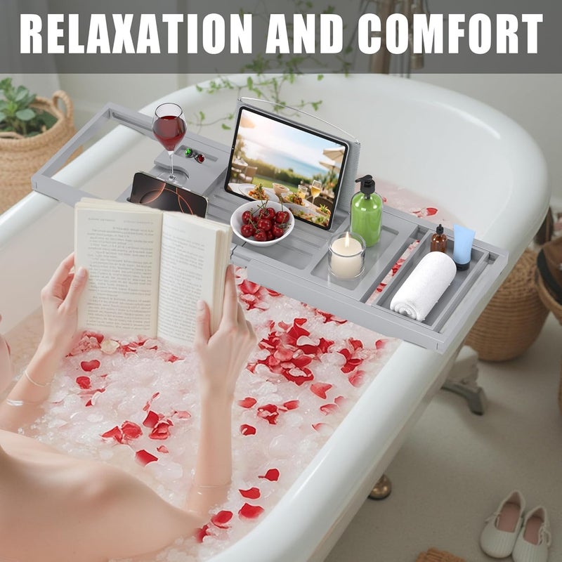 promitop Foldable Bathtub Caddy Tray for Tub,Bamboo Expandable Bath Table Trays,Premium Bathroom Accessories for New Home & Mothers Day & Birthday Gifts for Couples,Gray - Image 4