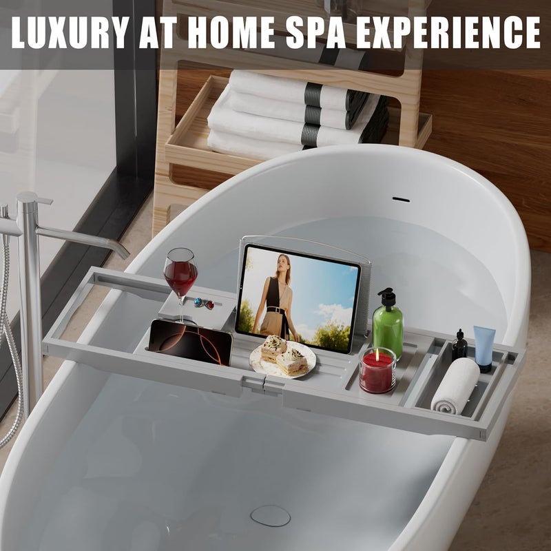 promitop Foldable Bathtub Caddy Tray for Tub,Bamboo Expandable Bath Table Trays,Premium Bathroom Accessories for New Home & Mothers Day & Birthday Gifts for Couples,Gray - Image 2