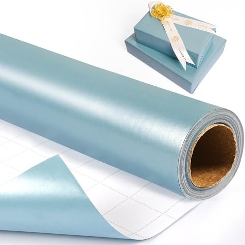 RUIFUN Sky Blue Wrapping Paper Roll, Light Blue Matte Wrapping Paper, Solid Color Metallic Wrapping Paper Roll, Baby Blue Gift Wrapping Paper for Birthday Baby Shower Wedding Christmas, 17Inch×33Feet - Image 1