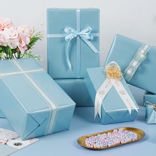 RUIFUN Sky Blue Wrapping Paper Roll, Light Blue Matte Wrapping Paper, Solid Color Metallic Wrapping Paper Roll, Baby Blue Gift Wrapping Paper for Birthday Baby Shower Wedding Christmas, 17Inch×33Feet - Image 3