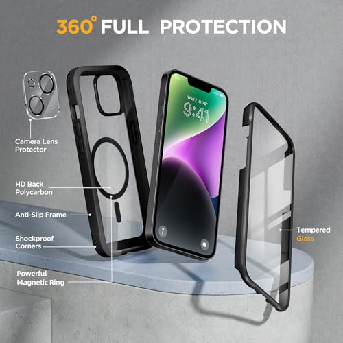 Miracase Magnetic for iPhone 14 Case 6.1",Full-Body Bumper, [Bubble Free] Built-in Tempered Glass Screen Protector+Lens Protector,Compatible with MagSafe,No Gap,Drop Proof Phone Case 14 Cover,Black - Image 4