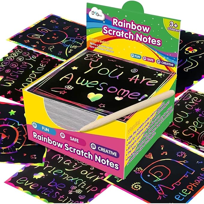 DMG TECH Crafts For Kids, Rainbow Scratch Mini Art Notes, 100 Magic Scratch Paper Note Cards, Arts Crafts DIY Party Favor Supplies for 3-11 Years Girls Boys, Arts and Crafts For Kids