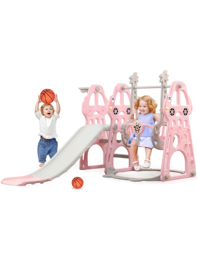 4-in-1 Toddler Slide Swing Set with Basketball Hoop, Climber, and Adjustable Swing - Indoor & Outdoor Playset for Boys and Girls, Safe, Non-Toxic Baby Playground - Image 1
