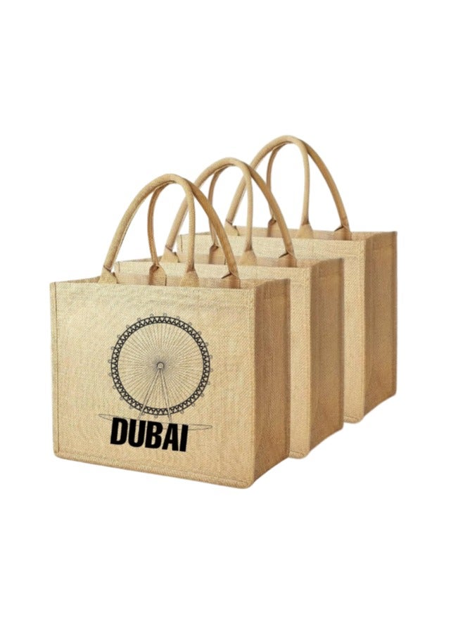 Pearl Coast حقيبة جوت تذكارية من دبي - حقائب EcoChic القابلة لإعادة الاستخدام | عبوة من 3 | متينة، أنيقة وقابلة لإعادة الاستخدام - Image 1