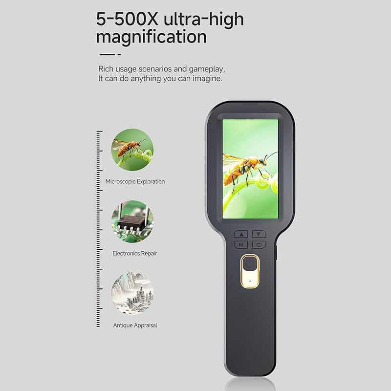 Fockety Portable Digital Microscope 5X 500X Zoom Double Lens HD Focus Black - Image 2