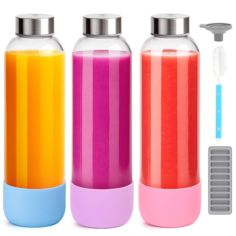 Zukro 32 oz Glass Juice Bottles With Lids, 3 Pack Large Clear Glass Bottle with Airtight Stainless Steel Lids For Juicing, Water, Homemade Drinks, Non-slip Silicone Base, Leak Proof & BPA Free - Image 1