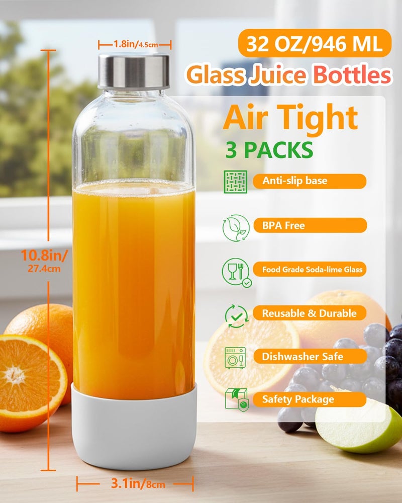 Zukro 32 oz Glass Juice Bottles With Lids, 3 Pack Large Clear Glass Bottle with Airtight Stainless Steel Lids For Juicing, Water, Homemade Drinks, Non-slip Silicone Base, Leak Proof & BPA Free - Image 2