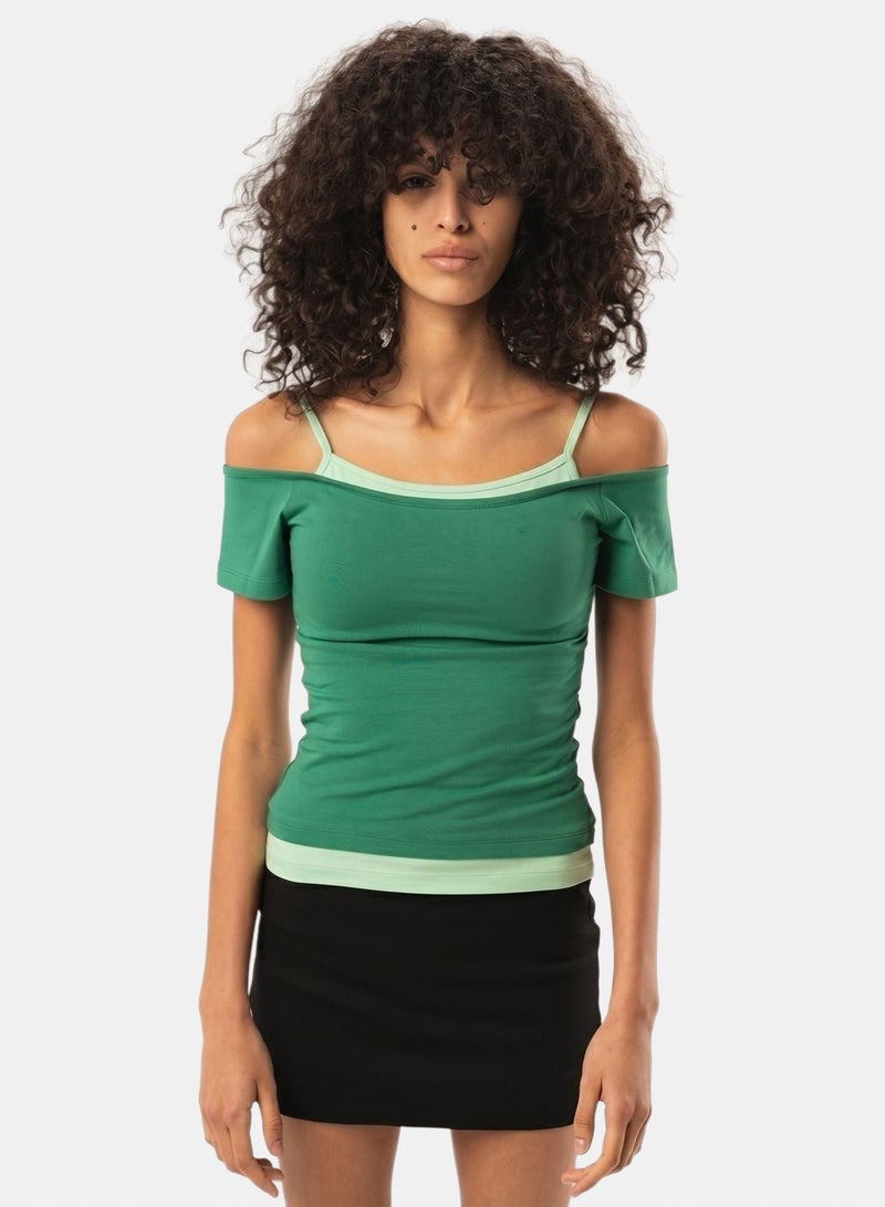 In Your Shoe Green Off Shoulder Double Layered Top - Image 1